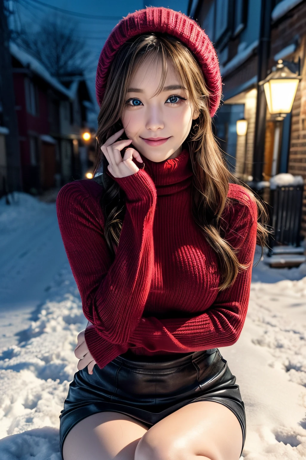 (masutepiece:1.3, Photorealsitic:1.4, 8K), top-quality, ​masterpiece, 超A high resolution, Perfect dynamic composition, Highly detailed skin and facial texture:1.3, A detailed eye, Detailed limbs, Winters, snowflakes falling:1.2, Snowfall landscape at night:1.2, 1girl in, Cute sexy 22 year old slim woman, Fair skin, tilt the neck, ((A smile:0.9, Totally captivates you:1.0)), (Red muffler:1.2, Yellow-green long sleeve turtleneck sweater:1.2, High waist mini skirt:1.1), ((voluptuous breasts:1.05)), Short boots, (Facing the front, Squat with your knees bent), (Beautiful blue eyes, Eyes that feel beautiful eros:0.85), Sexy face:0.4, (A mouthfeel that feels beautiful eros:0.85), ((Too cute beauty:0.9))