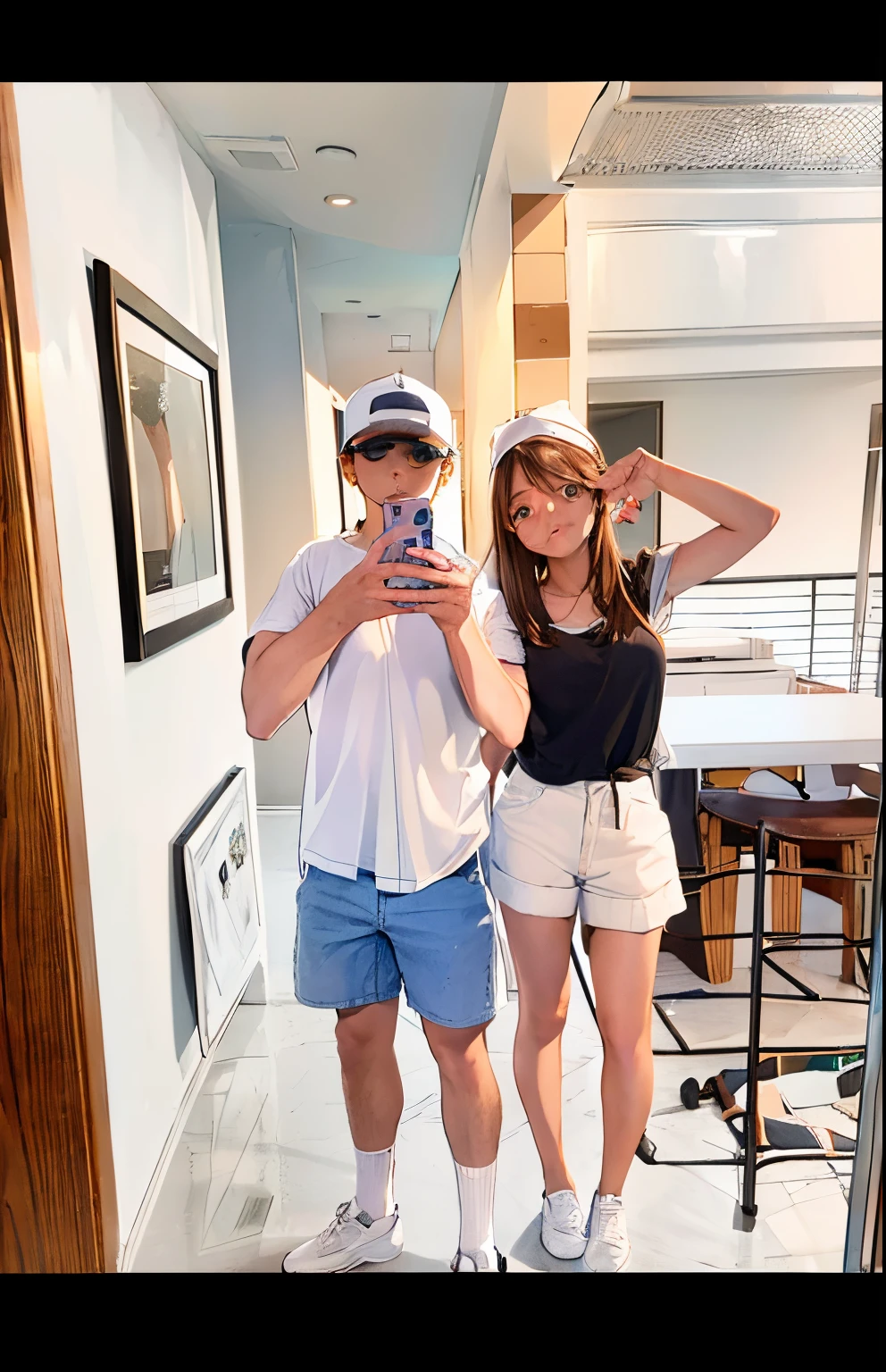 A mirror selfie of a couple. The boy is on the left with brown hair, a white cap on, wearing a white button up shirt, blue shorts, black sunglasses on his eyes and white socks with blue stripes. He is holding the phon with both his hands. Girl is on the right with blonde hair wearing red sunglasses on her head, a white shirt skirt and a black top with small straps. She has white socks on and has one hand to her head holding the sunglasses. They are stood on white marble floor  which white walls in the background