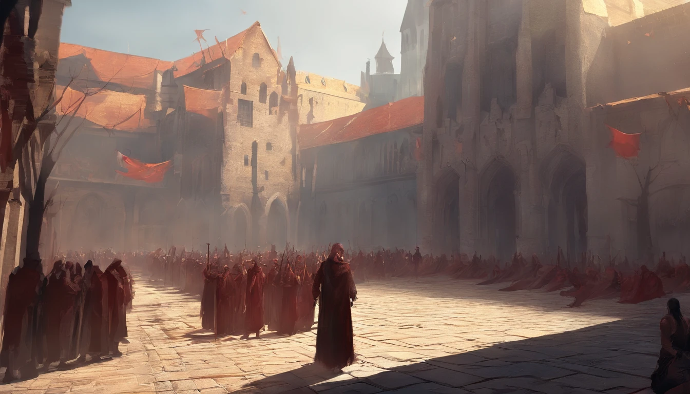 In a medieval city square on a sunny day with cold yellow sunlight. There is an ongoing execution and the air smells of blood and death and people are beheaded. There is wooden platform covered in blood and a pile of dead bodies on the side. Many people are scattered around and watching the public execution in this dark fantasy.