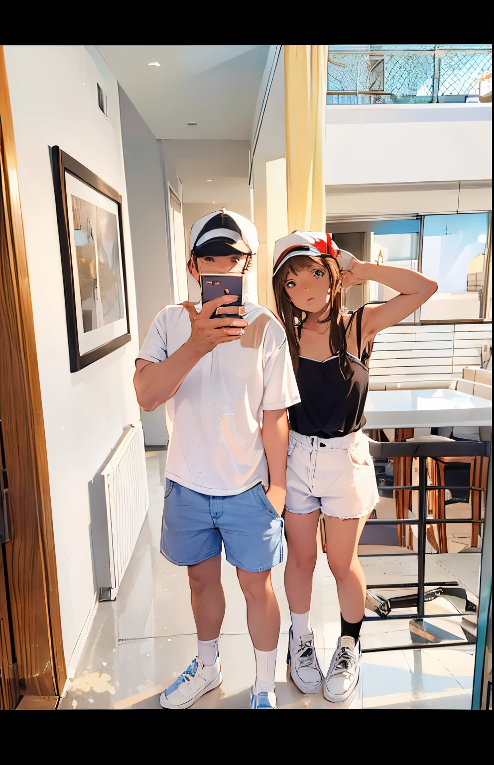 A mirror selfie of a couple. The boy is on the left with brown hair, a white cap on, wearing a white button up shirt, blue shorts, black sunglasses on his eyes and white socks with blue stripes. He is holding the phon with both his hands. Girl is on the right with blonde hair wearing red sunglasses on her head, a white shirt skirt and a black top with small straps. She has white socks on and has one hand to her head holding the sunglasses. They are stood on white marble floor  which white walls in the background