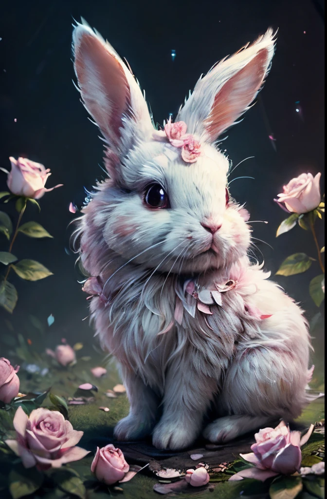 ultra-detailed CG art, adorable bunny surrounded by ethereal roses, pastels, glimmer bokeh, ethereal, best quality, highest resolution, intricate details, fantasy, cute animals