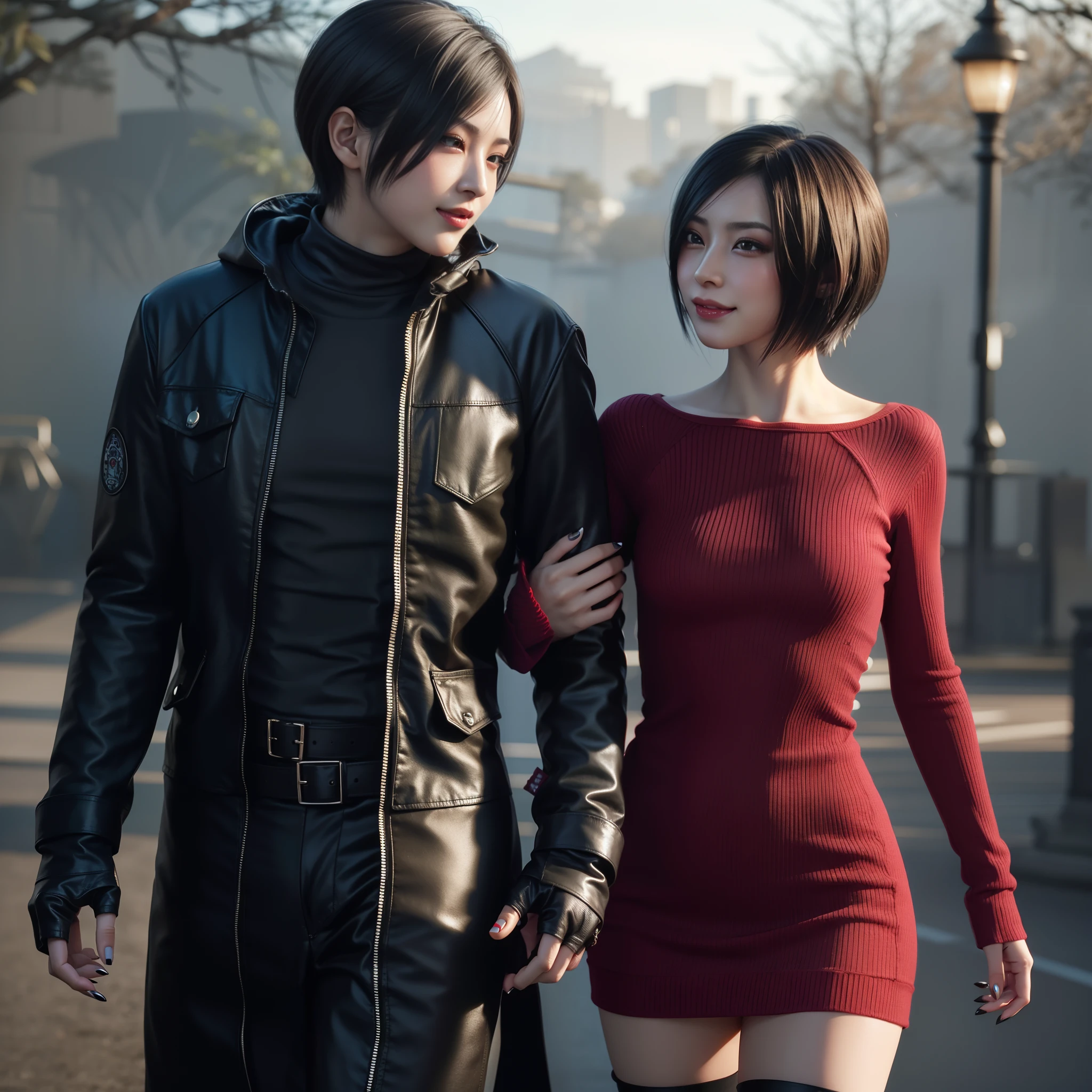 Woman, ada wong , beautiful face, wearing red dress short bob hair, black nails polish, little smile, happy expression