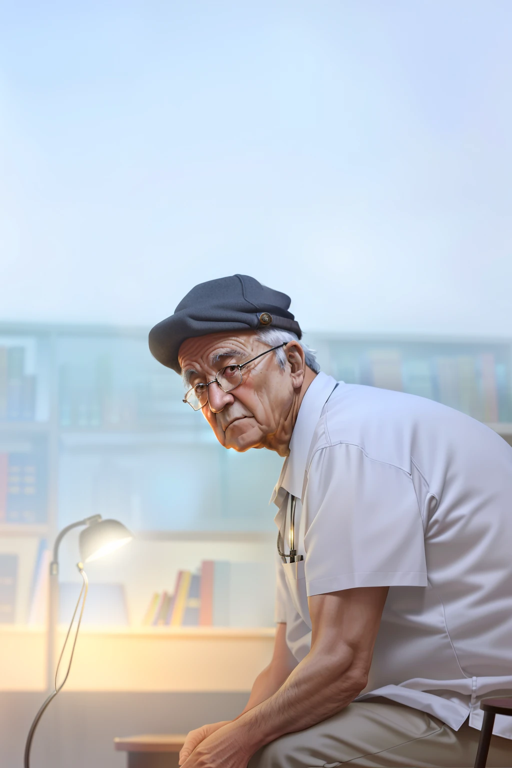 A wise old man standing in front, illuminated by the light of a lamp, against the backdrop of a library