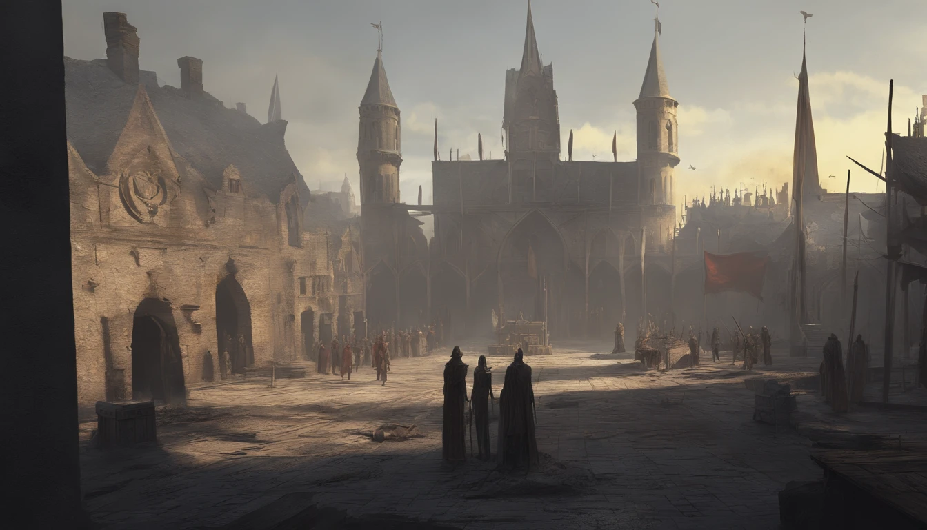 medieval dark fantasy city square with on a sunny day with cold yellow sunlight. There is an ongoing execution and the air smells of blood and death and people are beheaded. There is wooden platform full of dead bodies