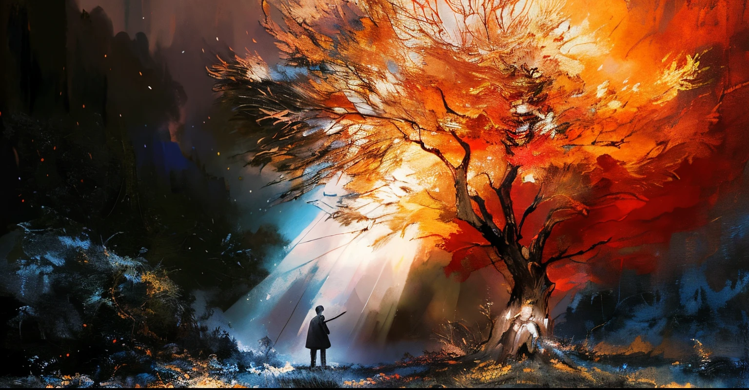 a painting of a man standing in a field with a tree, beautiful image ever created, breathtaking art, saindo das chamas, apocalyptic art, dramatic artwork, an amazing photo, amazing photo, arte deslumbrante, Directed by: Mirko Rački, arte surreal, intricate and epic composition, arte linda, arte digital muito bonita, Directed by: Eugeniusz Zak, arte bonita