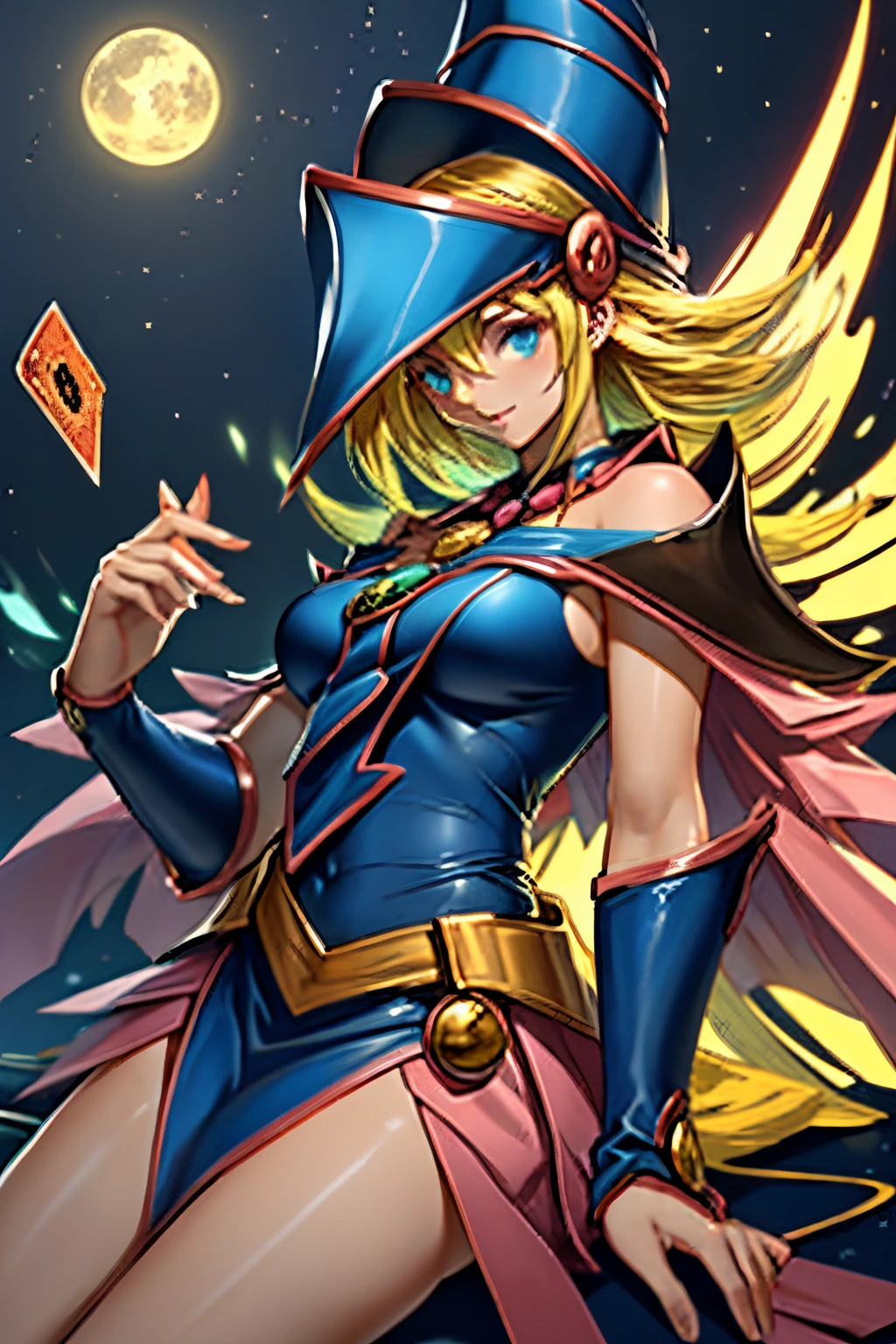 Una chica maga oscura flotando tiernamente, magical aura, fantasy background, Runa brillante, (( una tarjeta Yu-Gi-Oh debajo de ella)), dando una vibra de que fue convocada,epic composition, (Detalles complejos), (complex design, Ultra-detalles :1.2), Art Station, (Obra maestra, La mejor calidad), Ultra HD, 32K ,Renderizado de octanaje, bioluminiscente,8k resolution concept art, realismo,por Mappa studios,Obra maestra,La mejor calidad,Arte Oficial,illustration,clear line,(fresco_Color),perfect composition,absurdos, fantasy,( debajo de ella hay una tarjeta de Yu-Gi-Oh), Diagrama