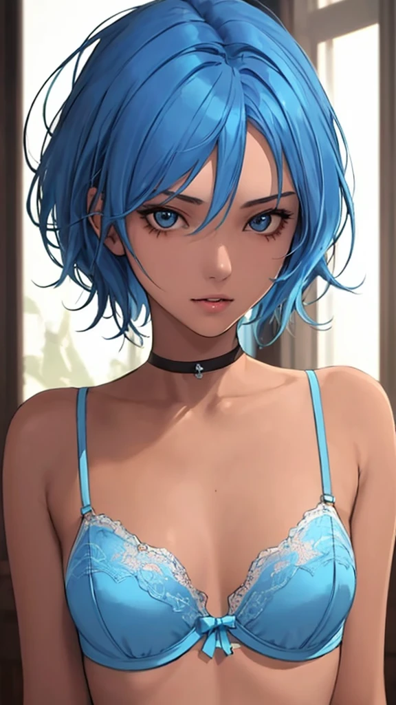 (best quality, masterpiece, perfect face) blue hair, 18 years old tanned girl, medium tits, in sexy lingerie