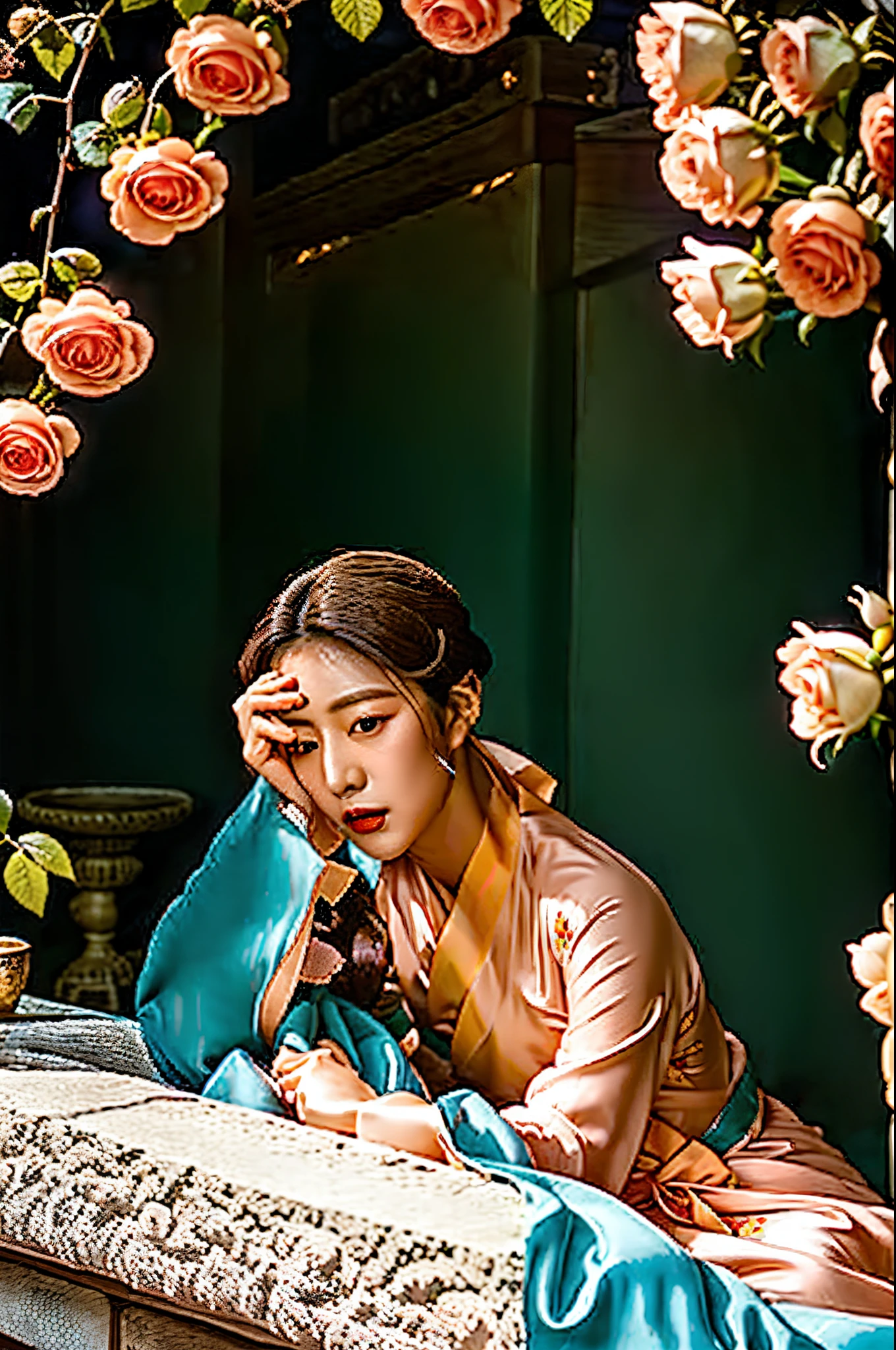 ((goyoonjung)) Korean actress in negligee in a rose garden with peach color roses --ar 2:3