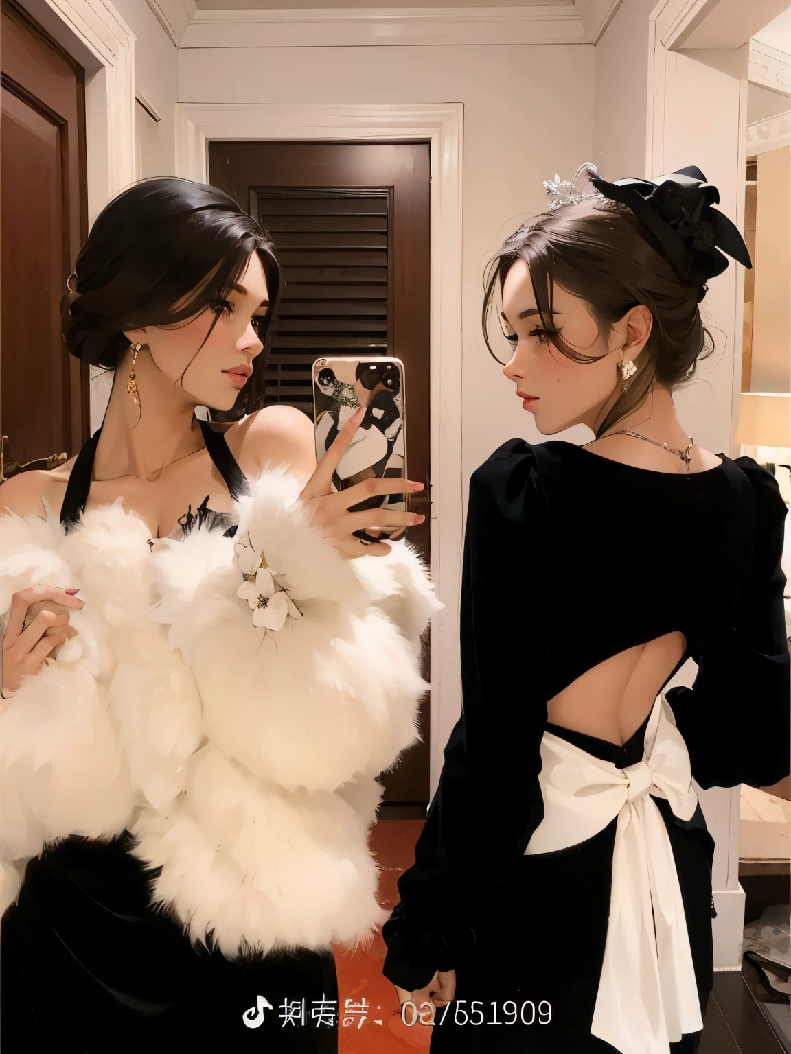 two women in black dresses are taking a photo of themselves, vestido de veludo preto, Roupa aberta v peito, roupas brancas e pretas, 2 0 2 0 moda, branco e preto, preto + Branco, roupas pretas e brancas, ( preto marfim ), revelando vestido elegante, jia, alta moda elegante, Sha Xi, mostrando o ombro de costas, moda, pequeno