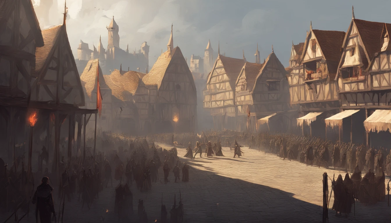 medieval dark fantasy city square with on a sunny day with cold yellow sunlight. There is an public execution and the air smells of blood and death and people are beheaded. There is wooden platform full of dead bodies. There are many townsfolk and citizens watching.