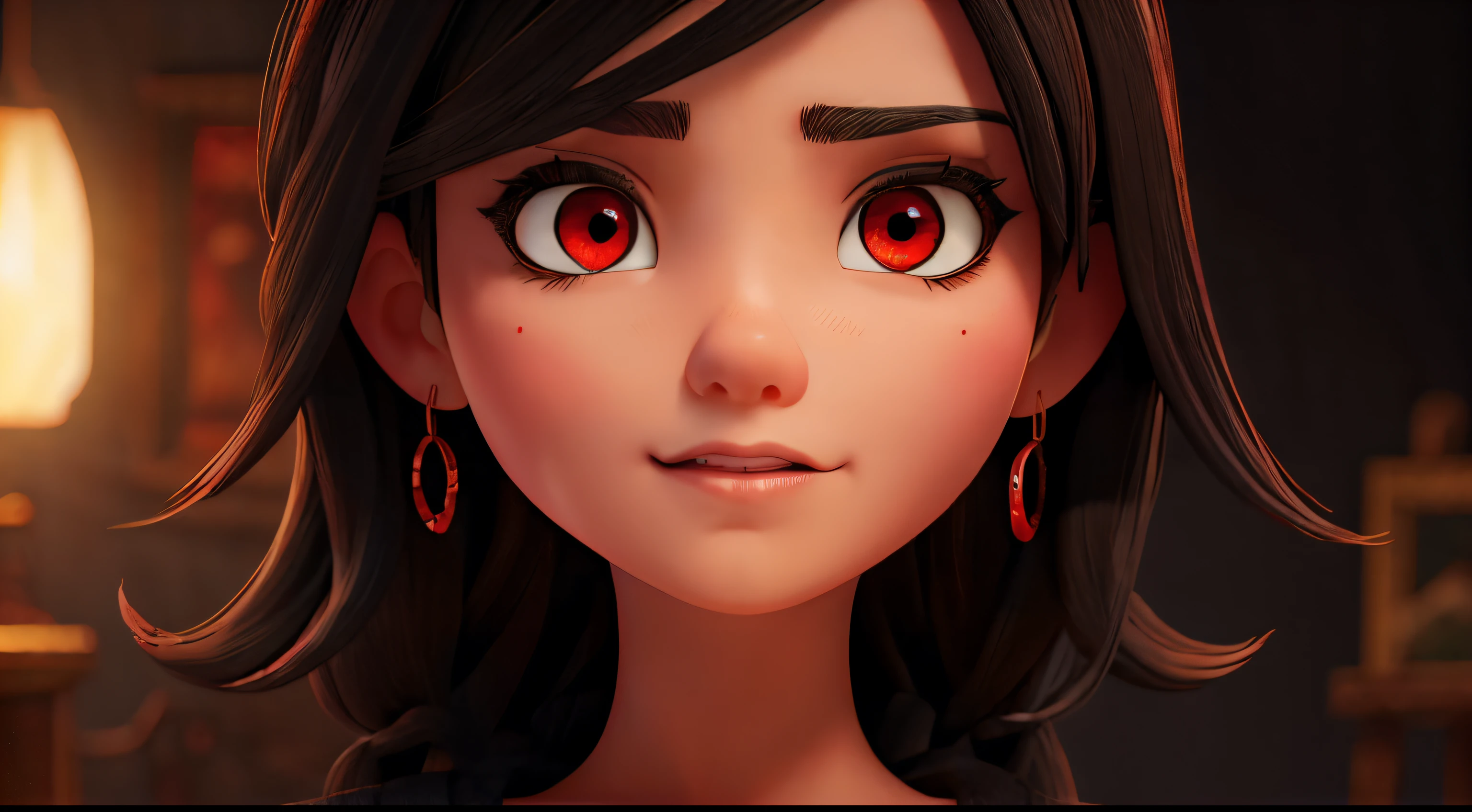 best quality,portrait,dark,black hair,red eyes,detailed face,fine art,emotion in the eyes,vibrant colors,studio lighting