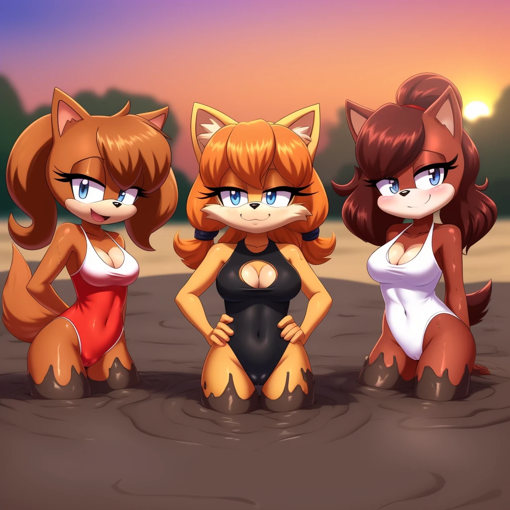 Mobians, wamudraws, anthro female, female furry, detailed fur, best quality, HD, full body, cameltoe, 5girls, 5 girls in beach, multiple subjects, group, team, adult female, group shot, coyote girl, cocker spaniel girl, borzoi girl, jackal girl, wolf girl, furry, anthro, adult, adult breasts, breasts, sexy breasts, lesbian, yuri, group, multiple girls, wet, hot, standing, twintails, looking at viewer, front view, standing, long hair, bangs, standing, blue one-piece swimsuit, school swimsuit, bang, cowboy shot, group shot, clothing cutout, portrait, girls together, 5 girls covered in mud, sexy, full body, beach, sunset, curled hair, short hair, ponytails, braid