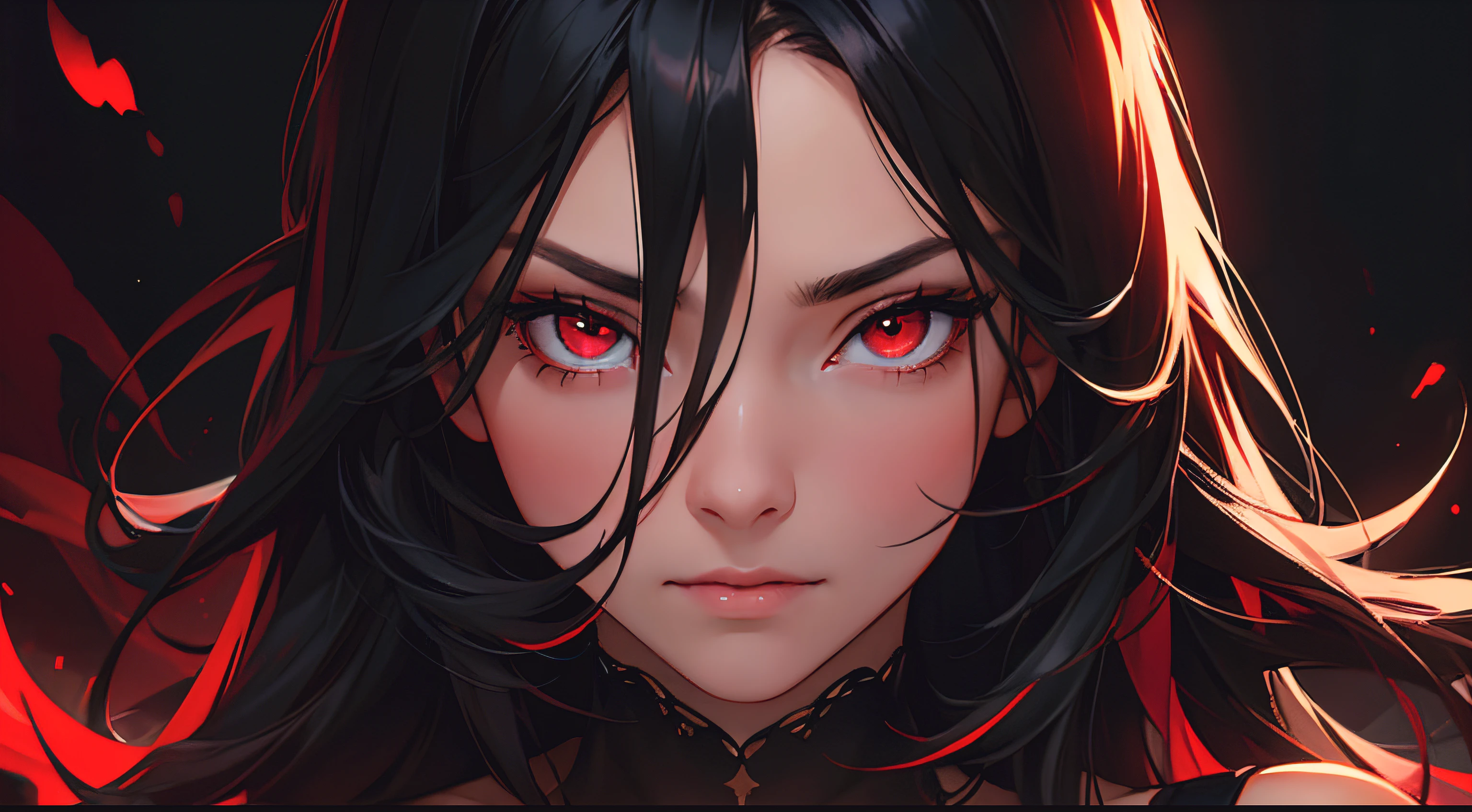 best quality, red eyes, long black hair, focus on the face, 8k, ultra-detailed, high-resolution, realistic, vivid colors, studio lighting, portrait