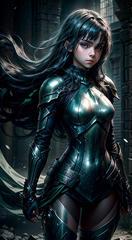 age woman, small breasts, green eyes, epic stark lighting, realistic photo, digital art, full body, panoramic image, hero pose, attack posture, short sword, long black hair with bangs, white skin, green eyes, silver heavy armor, full body image, angles from bottom to top, digital art, medieval,