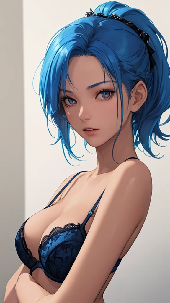 (best quality, masterpiece, perfect face) blue hair, 18 years old tanned girl, medium tits, in sexy lingerie