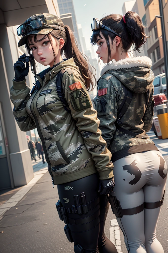 beautiful girl, cap, ponytail hair, snickers, sniper rifle, 1girl, full body, gloves, tactical, sport jacket, night vision goggles, sport pants, black hair, high resolution, sharp image, leggins, two grey wolfs, from the back,digital (camouflage:1.3), Military uniform,submarine in the background,
((Best quality)), ((masterpiece)), (highly detailed:1.3),Depth-of-field, Multi-layered textures,(Hyperrealistic),HDR (High Dynamic Range),Ray Tracing,NVIDIA RTX,Super-Resolution,Unreal 5,Subsurface scattering,PBR Texturing,Post-processing,
Anisotropic Filtering, Maximum clarity and sharpness,Wide aperture,Low ISO,White balance,Rule of thirds,8K RAW,2 grey wolfs