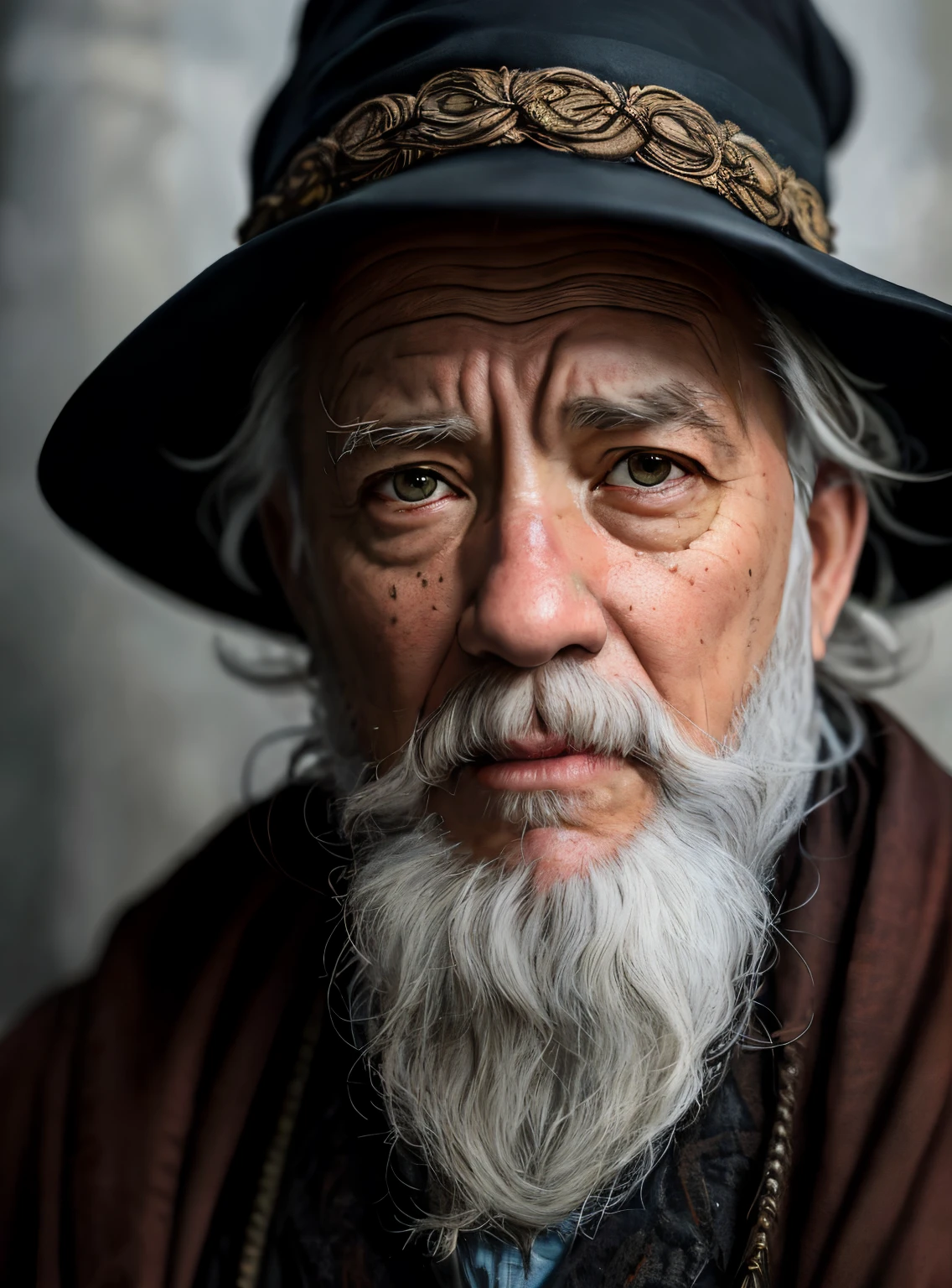 A portrait of the wizard target dumbledore from the harry potter movie with the face of actor tom hanks aged, bearded, wrinkled, aged, with piercing eyes, detailed face, high details, photography, dark studio, rim light, Nikon D850, 50mm, f/1.4