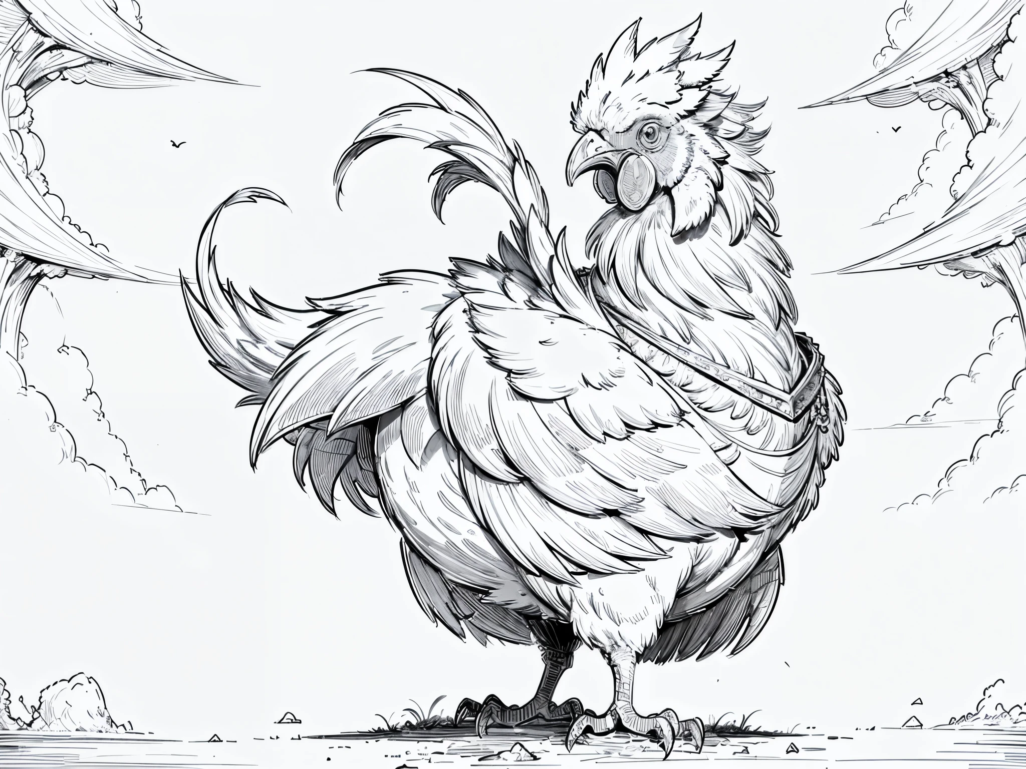 masterpiece, best quality, hires, ultra-detailed, line art, rooster
