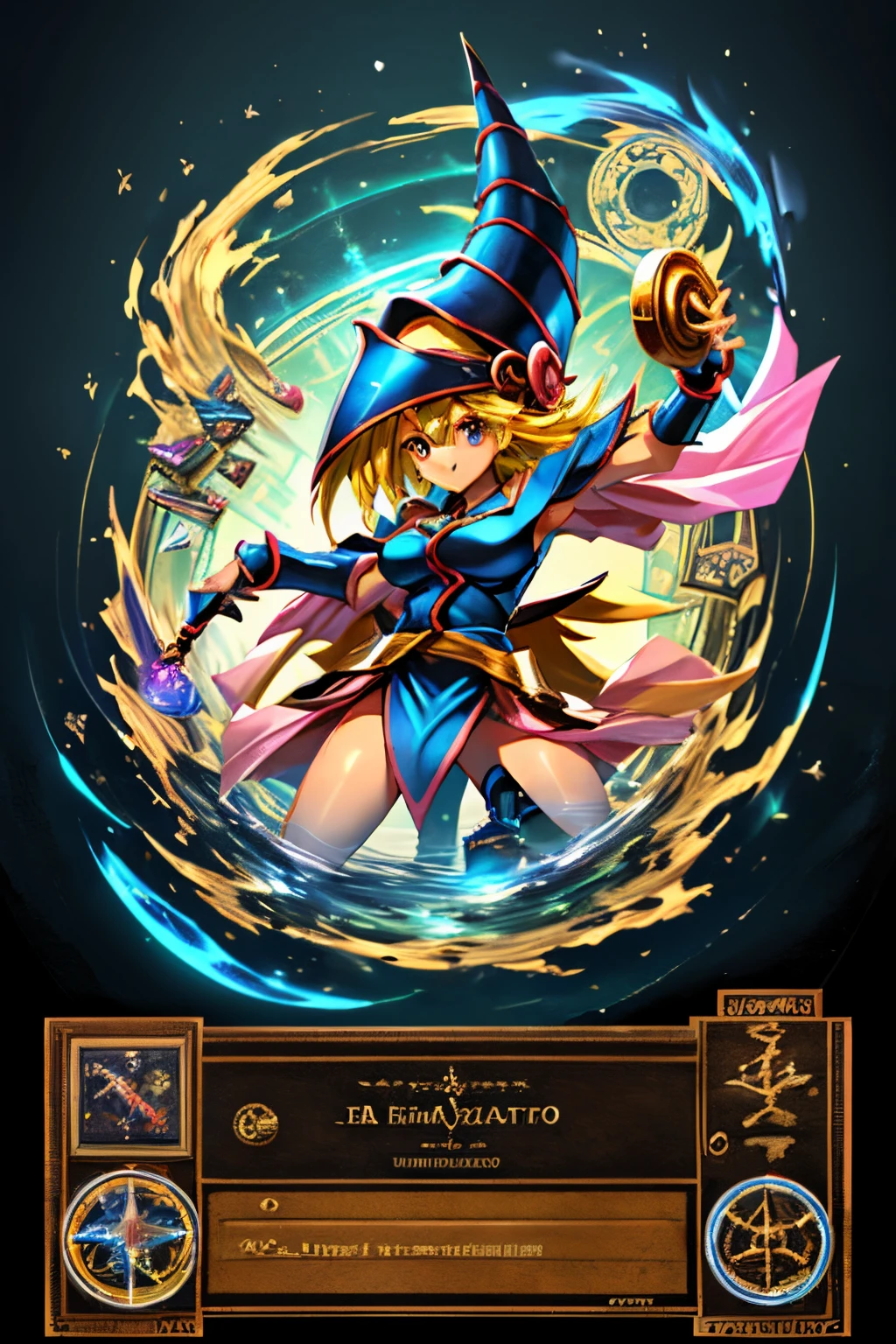 Una chica maga oscura flotando tiernamente, magical aura, fantasy background, Runa brillante, (( una tarjeta Yu-Gi-Oh debajo de ella)), dando una vibra de que fue convocada,epic composition, (Detalles complejos), (complex design, Ultra-detalles :1.2), Art Station, (Obra maestra, La mejor calidad), Ultra HD, 32K ,Renderizado de octanaje, bioluminiscente,8k resolution concept art, realismo,por Mappa studios,Obra maestra,La mejor calidad,Arte Oficial,illustration,clear line,(fresco_Color),perfect composition,absurdos, fantasy,( debajo de ella hay una tarjeta de Yu-Gi-Oh), Diagrama