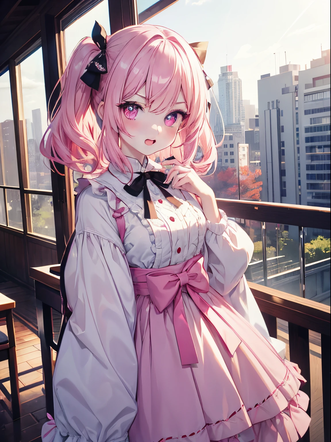 masutepiece, Highest Quality, (Perfect face:1.1), (high detailing:1.1), (ultradetailed eyes), Dramatic, superfine illustration, Extremely detailed,1girl in, (pale skin),Smile, Open mouth,gloweyes,pinkhair, (Twin-tailed),Ethereal eyes, pink eye,(light eyebrow),blush, Solo,, Pouty lips,Cinematic lighting,Cowboy Shot,Lolita clothes,frilld, bow ribbon, Pink, Long sleeve, balconies、The weather is sunny、Bright sunshine