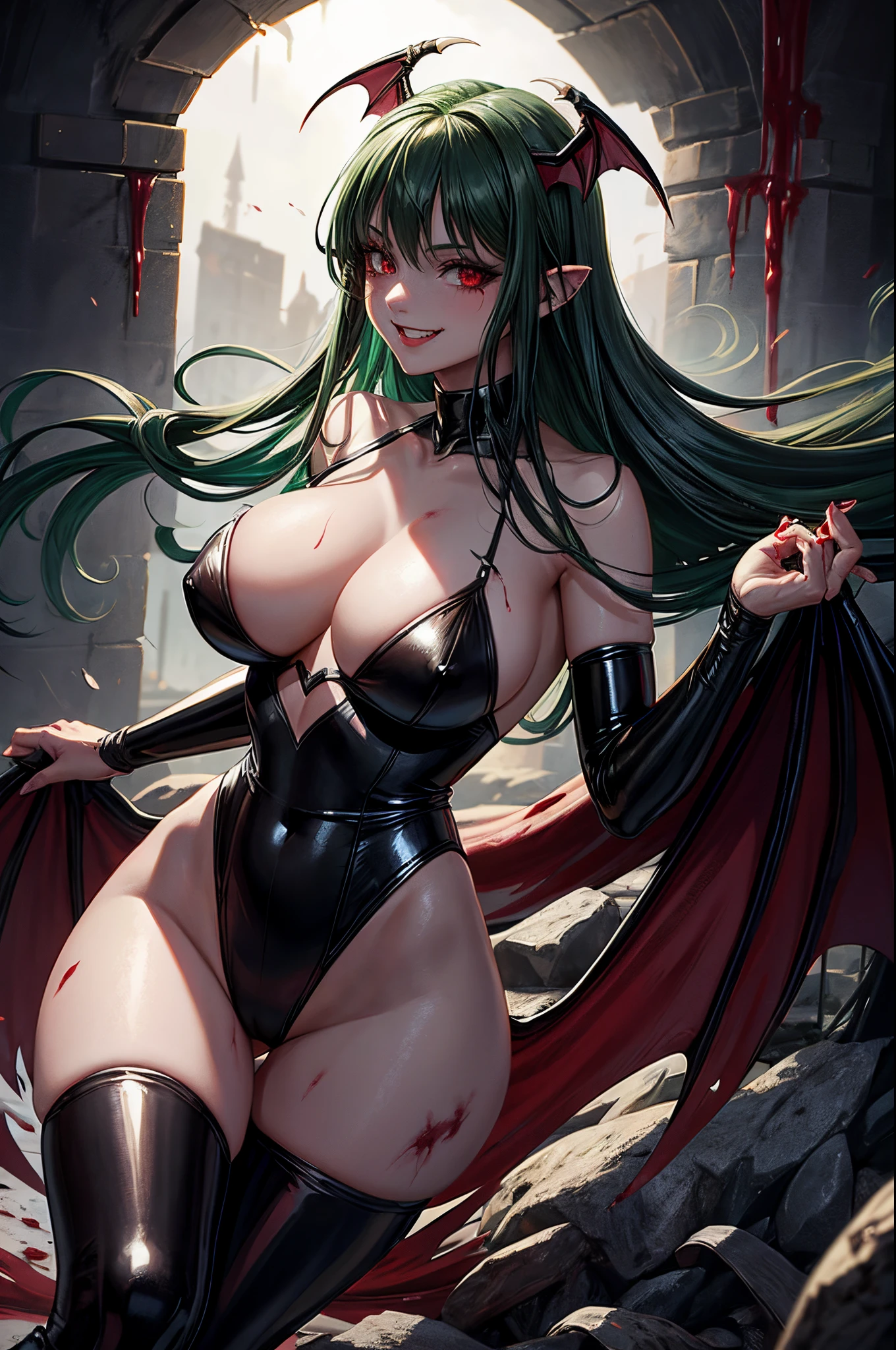 1girl, Morrigan_Aensland, beautiful face, pretty, green hair, long hair, straight hair, hair bang, straight hair bang, red eyes, mature woman, mommy, big tits, demon, succubus, demon wings, head wings, smiling sadistically, evil smile, black leotard, latex leotard, black stockings, latex stockings, basement, shady place, blood, blood on ground, blood on clothes, blood on face, blood on thights, blood on walls, stains of blood