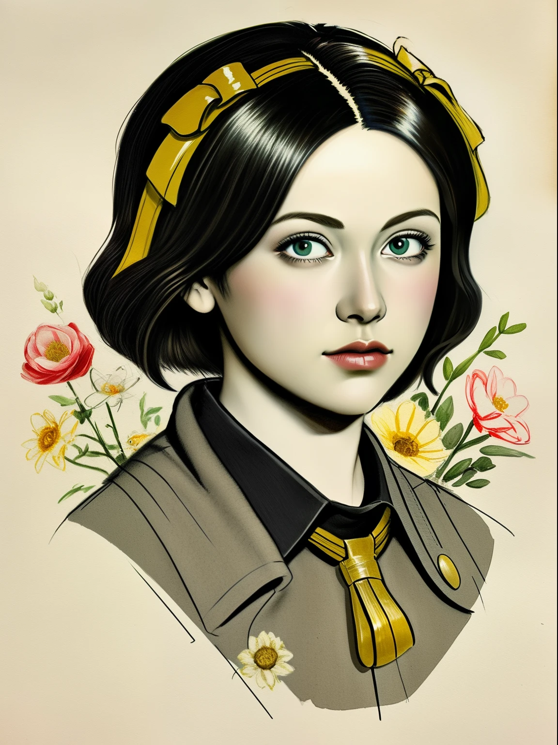 ((With a fresco-style design)), Charlie Bowater realistic Lithography sketch portrait of a female, Flowers, [gear wheel], pipes, dieselpunk, multi-colored ribbons, old paper texture, Highly detailed