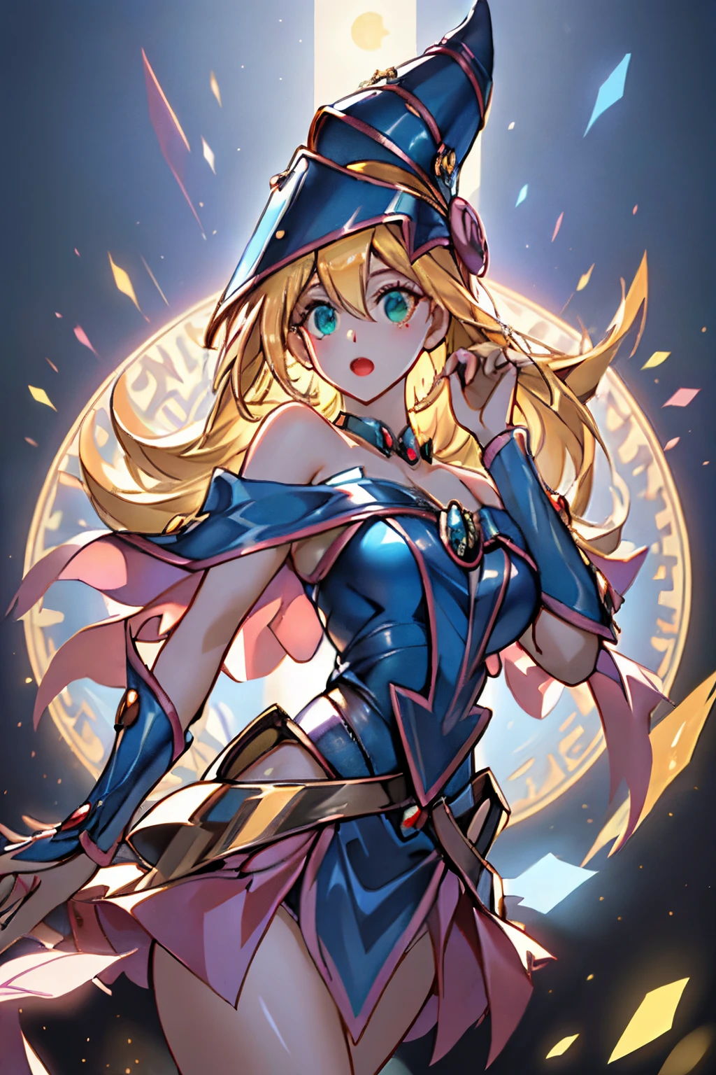 1woman, Dark Magician Girl (Yu-Gi-Oh) Hugging a stuffed pengin, cute mini-skirt,  Blond Hair,, blue Eyes, Nice breast, Hig details art, Magic Effects, 4k, 8k.