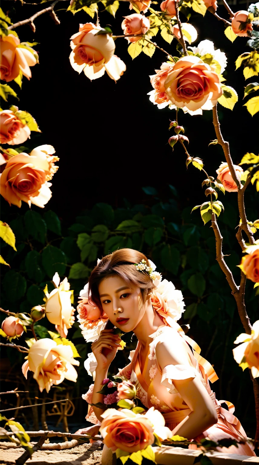 ((goyounjung)) Korean actress in babydoll in a rose garden with peach color roses --ar 2:3