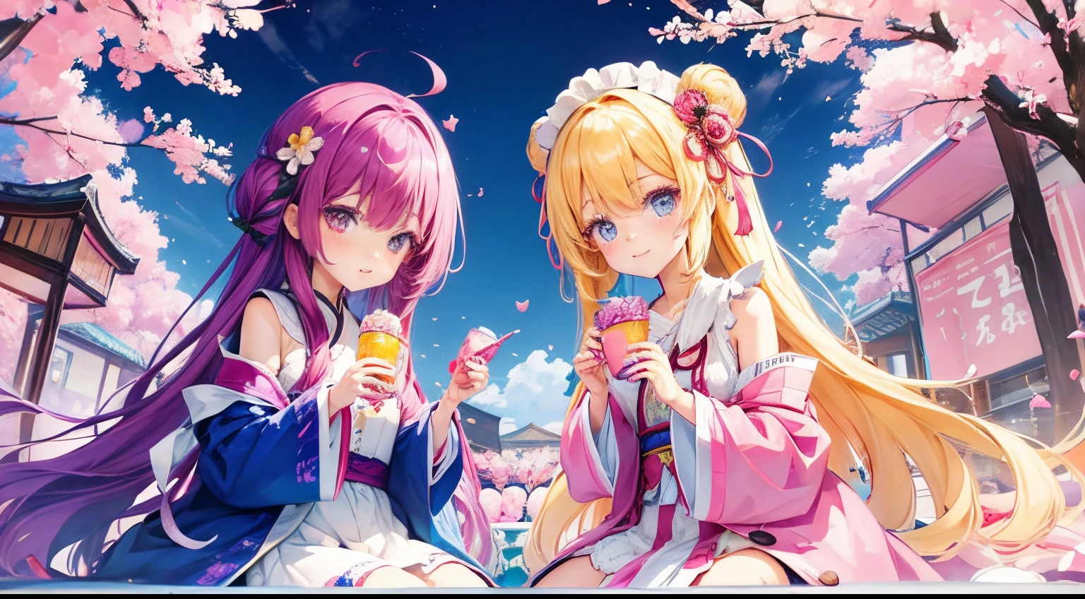2 cute girls、surrounded by lots of sweets、plethora of colors、A lot of sweets、omatsuri、bathrobe、细致背景、ultra-detailliert、best qualtiy、Highest Quality