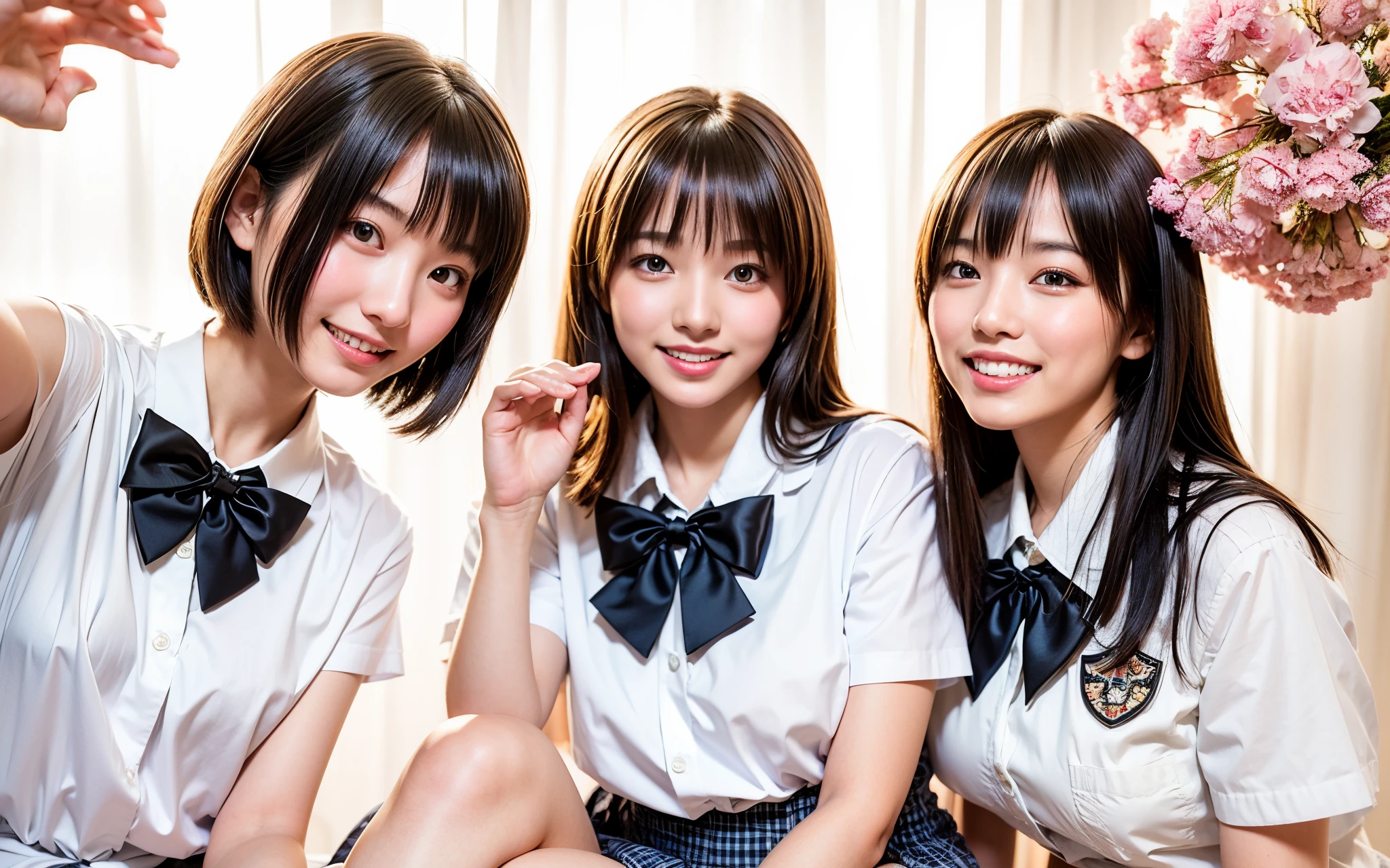 three asian girls in school uniforms posing for a picture, Seifuku, wearing japanese school uniform, Japan school uniform, closeup Iwakura Lain, japanese high school, Photo taken with Nikon D 7 5 0, Photograph Taken on Nikon D750, photograph taken in 2 0 2 0, sakimichan, japanese maid cafe, shikamimi , ((((Real:1.3)))), a small face,  girl s,top-quality、hightquality、Extreme Detail Photography、Eye for extreme detail、Super Detail Face、Hair in super detail、Super detail body、8K, Raw photography, Masterpieces, high definition RAW color photos professional close-up photos, Realistic, Photorealism , Highest Quality, perfect anatomia ,the background is blurred , physically-based renderingt、Hi-Res, NSFW, perfect leg、Perfect fingers、perfect hand、Perfect body、The beauty of symmetry、Clean symmetry、Beautiful teeth、Beautiful teeth alignment、Japan Person Model、Perfect face,Cute, Cowboy Shot , Professional Lighting、a japanese girl,Slim Faces、、8K、​masterpiece、Natural makeup、lipgloss、exposed breast、Open crotch、enchanting posture, Crotch panties exposed、Transparent panties、