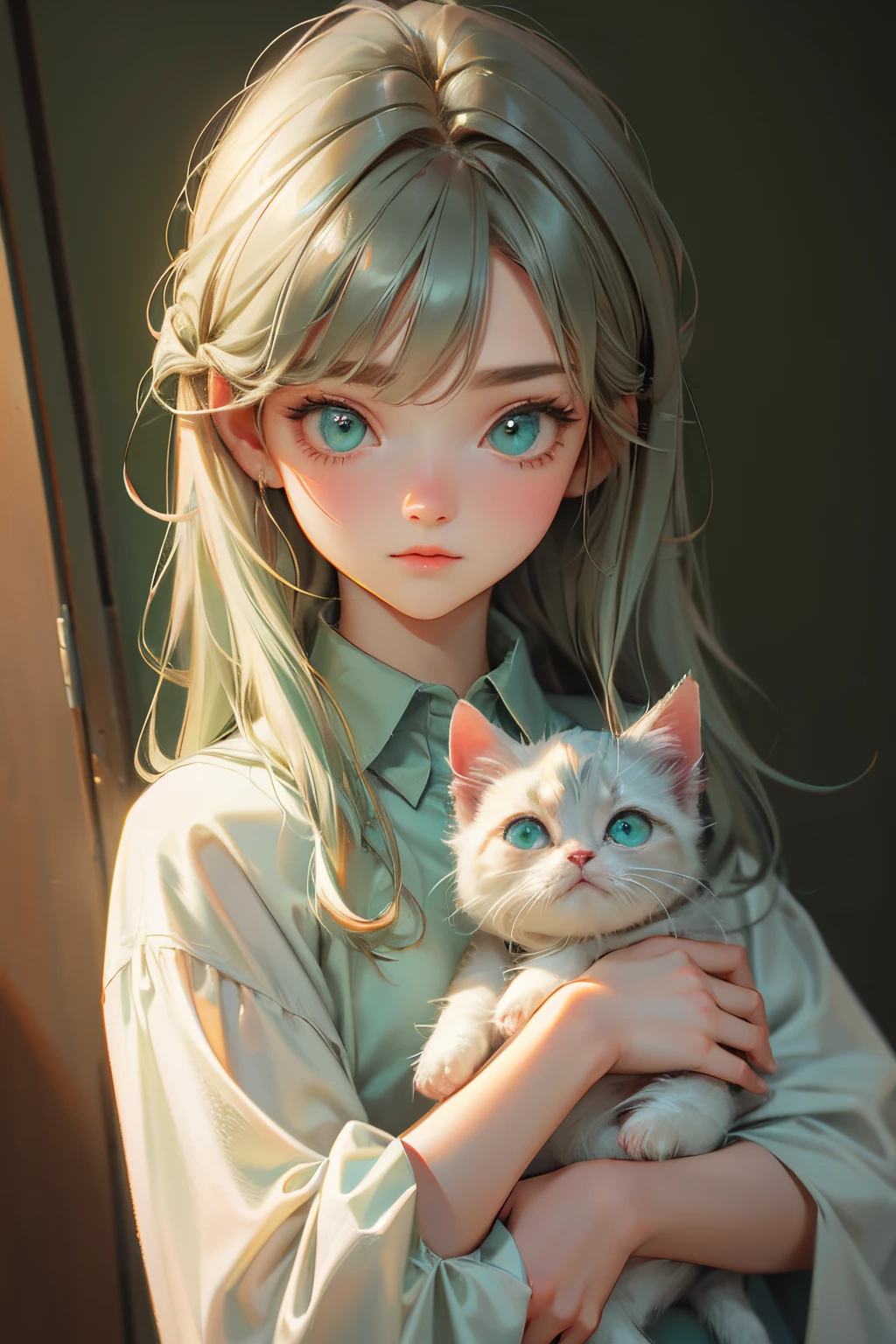 Masterpiece, Best Quality, ah high, Medium build, hair light, gray-green eyes, Straight nose, 20years old, Looks like a kitten