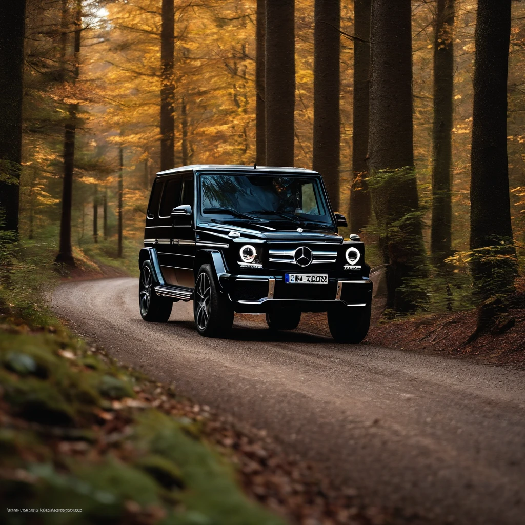 Ultra-realistic image,Forest Road,Drive a Mercedes-Benz G SUV