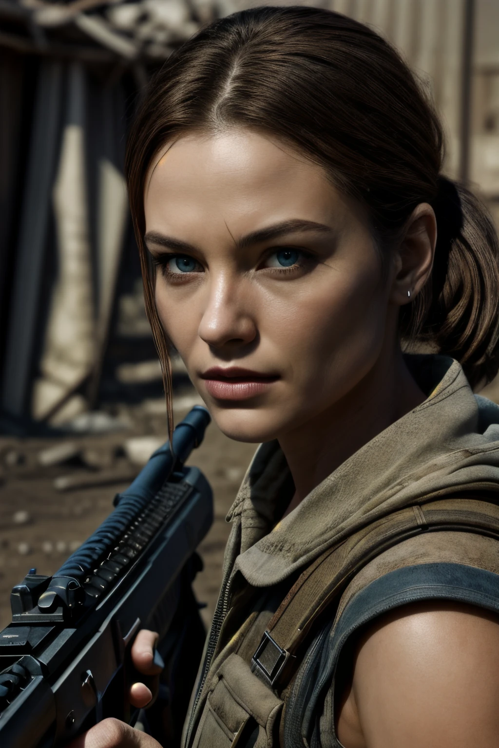 Realistic, masterpiece, best quality, 8k, wallpaper, sharp focus, beautiful woman, in post-apocalyptic wasteland. wearing survivor gear, (solo), (using an assault rifle), (brown hair), dark blue eyes