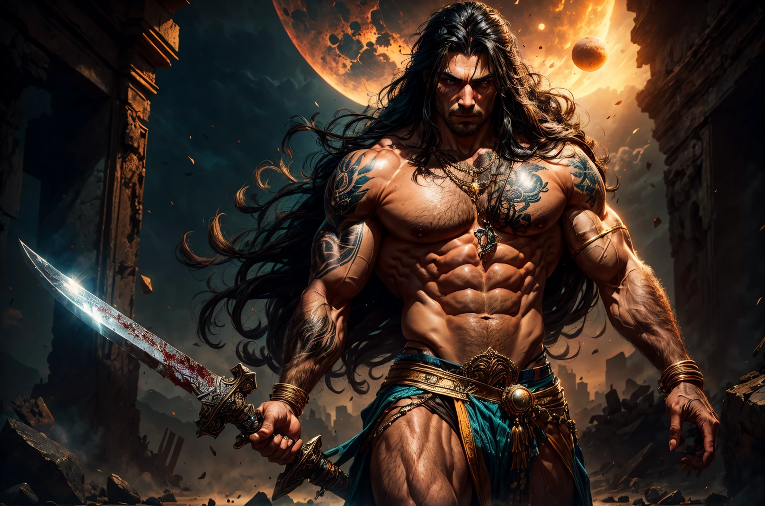 Extremely muscular man, chiseled features, washboard stomach, dark hair, detailed eyes, fierce expression, conan the barbarian, frank franzetta, 