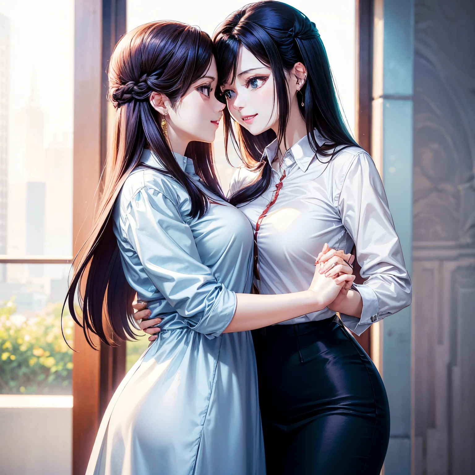 Boyish girl wearing a shirt and tight pants.、Girly girls wearing long dresses are hugging and looking at each other., They are both very cute,Smile happily,Accurately drawn face,Touch the other person&#39;your lips with your fingers,Precise fingers,Anatomically perfect proportions,​masterpiece,hiquality,Dense,At the embankment,