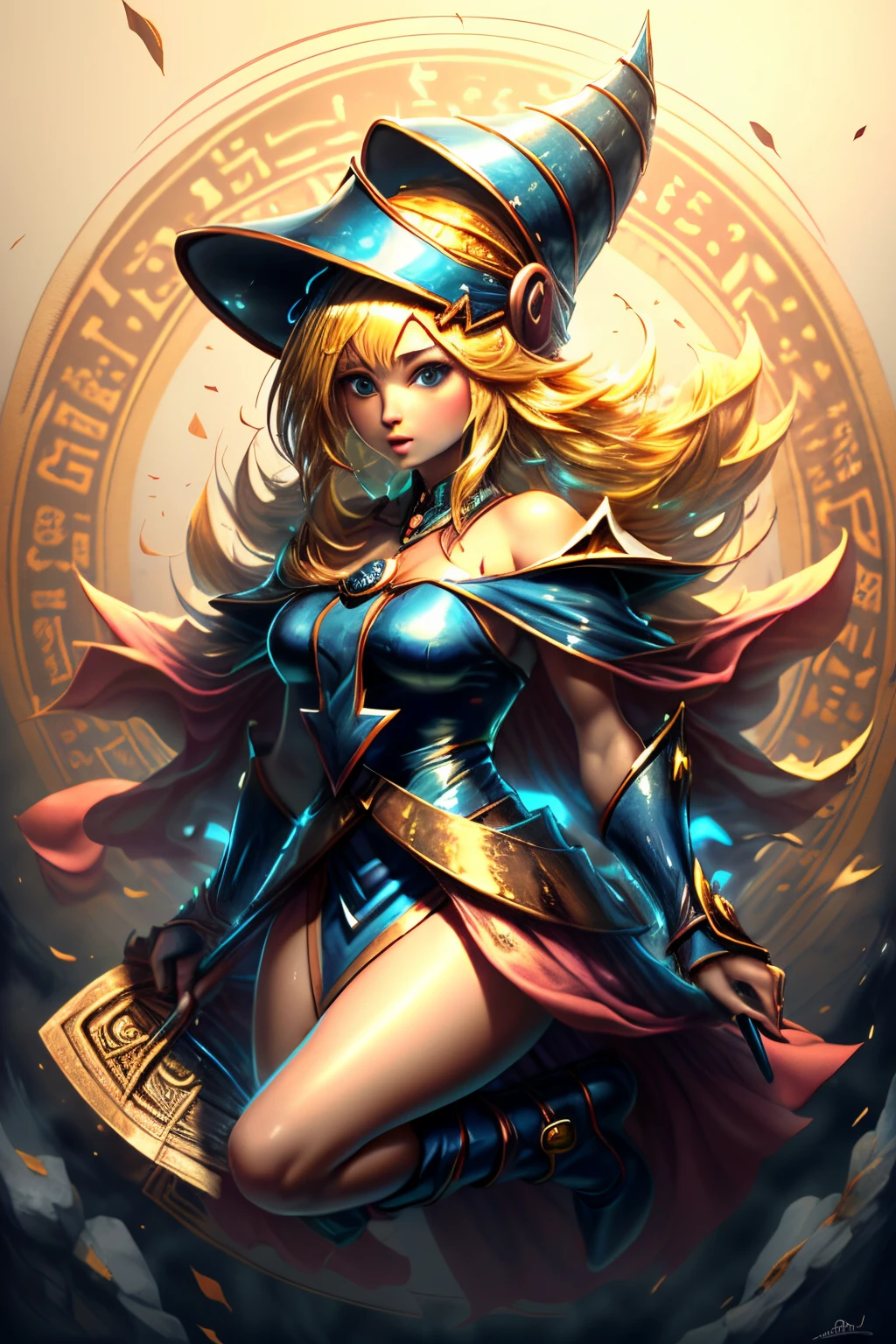 Una chica maga oscura flotando tiernamente, magical aura, fantasy background, Runa brillante, (( una tarjeta Yu-Gi-Oh debajo de ella)), dando una vibra de que fue convocada,epic composition, (Detalles complejos), (complex design, Ultra-detalles :1.2), Art Station, (Obra maestra, La mejor calidad), Ultra HD, 32K ,Renderizado de octanaje, bioluminiscente,8k resolution concept art, realismo,por Mappa studios,Obra maestra,La mejor calidad,Arte Oficial,illustration,clear line,(fresco_Color),perfect composition,absurdos, fantasy,( debajo de ella hay una tarjeta de Yu-Gi-Oh), Diagrama