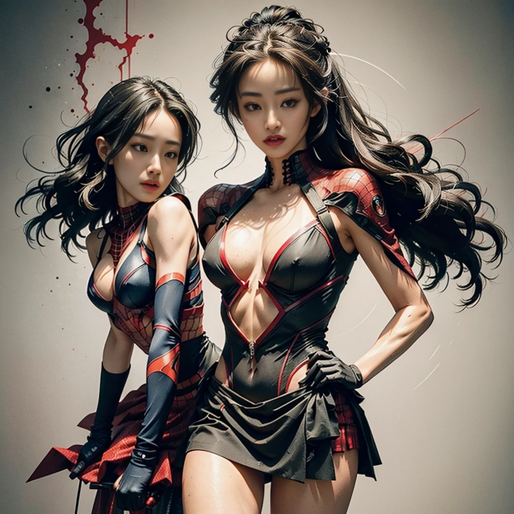 Maggie Q、Sticking out the navel、newyork、She wears a torn Spider-Man suit,wearing skirt、 Red and black color scheme,Dynamic、masterpiece、top-quality、ultra-detailliert、ighly detailed、beautiful detailed brilliance、超A high resolution