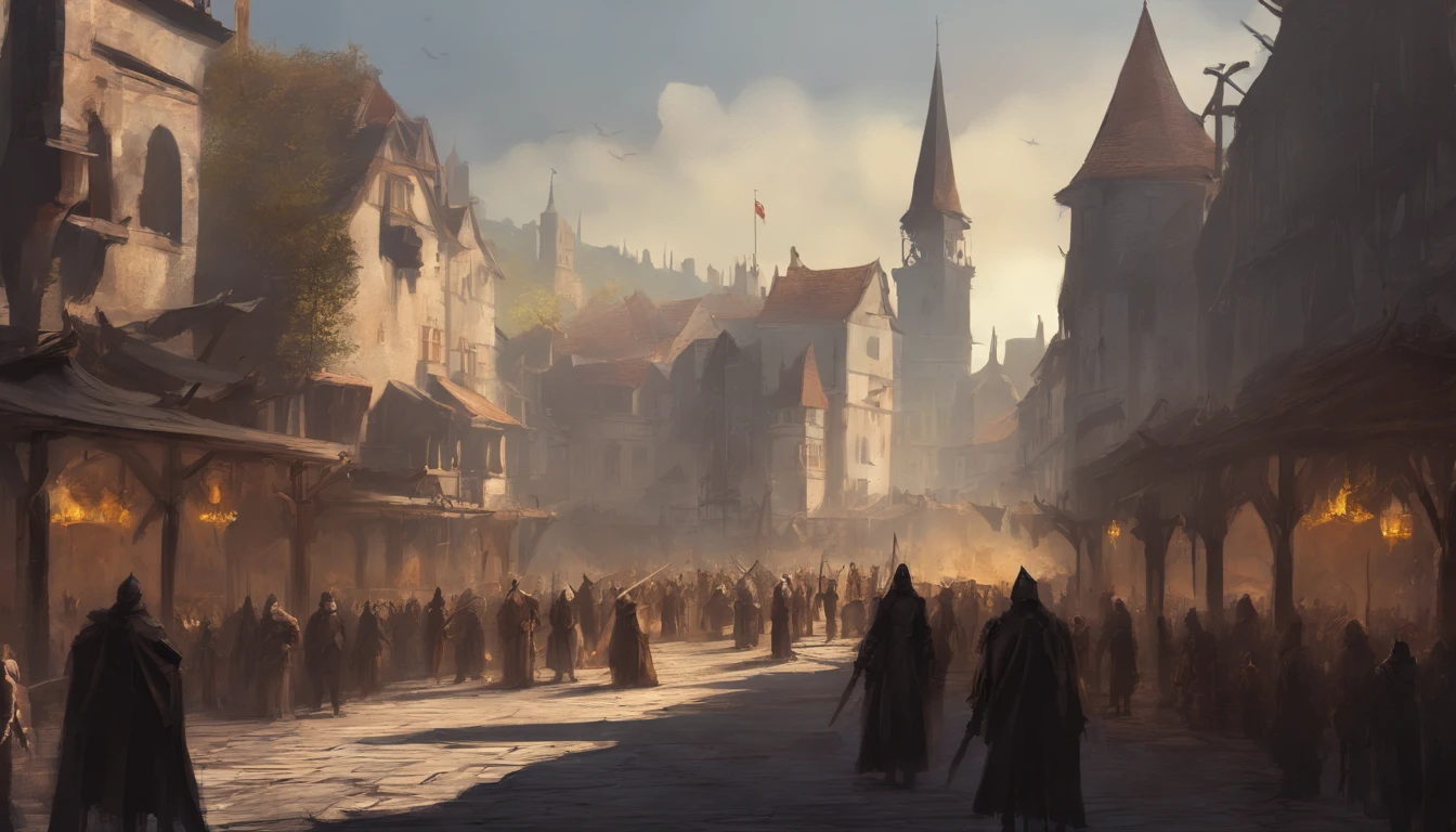 medieval dark fantasy city square with on a sunny day with cold yellow sunlight. There is an public  execution and the air smells of blood and death and people are beheaded. There is wooden platform full of dead bodies. There are many townsfolk and citizens watching.
