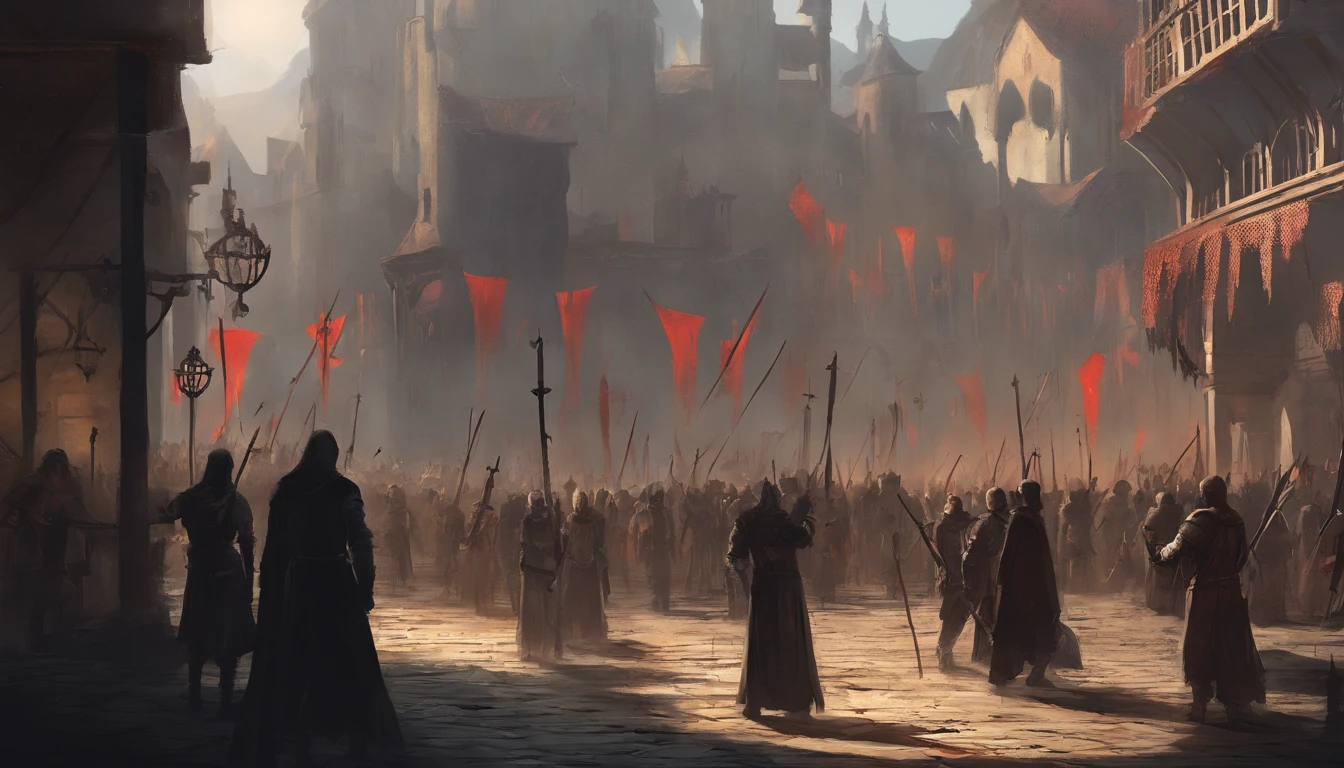 medieval dark fantasy city square with on a sunny day with cold yellow sunlight. There is an public execution and the air smells of blood and death and people are beheaded. There is wooden platform full of dead bodies. There are many townsfolk and citizens watching.