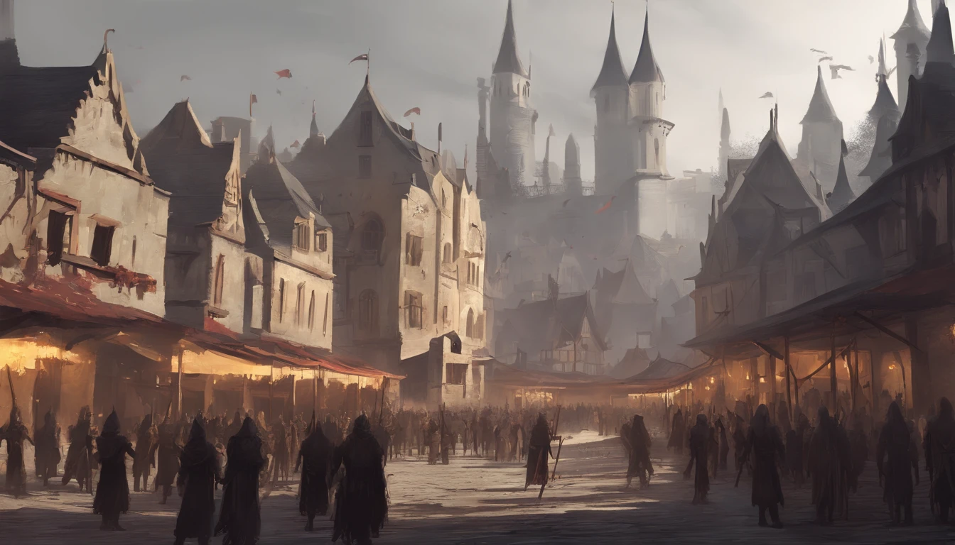 medieval dark fantasy city square with on a sunny day with cold yellow sunlight. There is an public execution and the air smells of blood and death and people are beheaded. There is wooden platform full of dead bodies. There are many townsfolk and citizens watching.