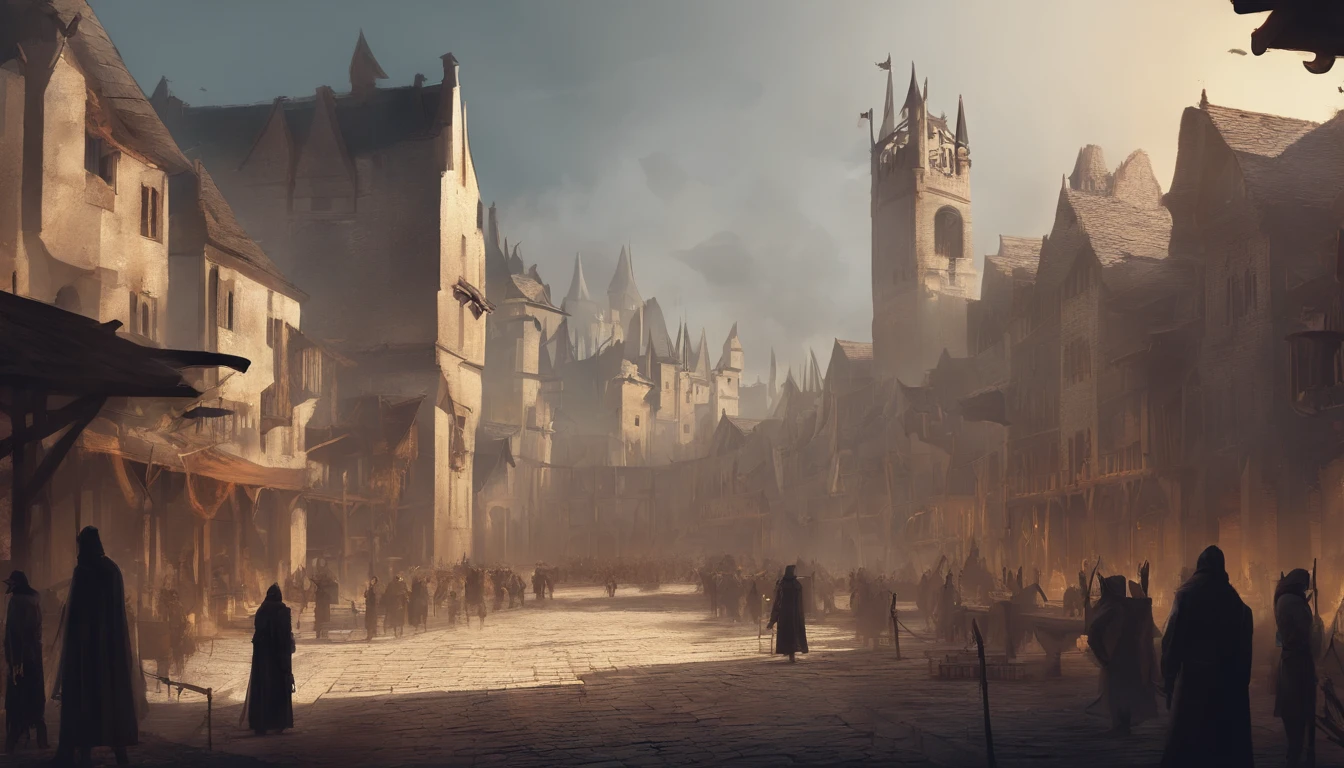 medieval dark fantasy city square with on a sunny day with cold yellow sunlight. There is an public  execution and the air smells of blood and death and people are beheaded. There is wooden platform full of dead bodies. There are many townsfolk and citizens watching.