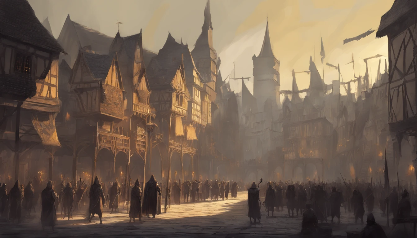 medieval dark fantasy city square with on a sunny day with cold yellow sunlight. There is an public  execution and the air smells of blood and death and people are beheaded. There is wooden platform full of dead bodies. There are many townsfolk and citizens watching.