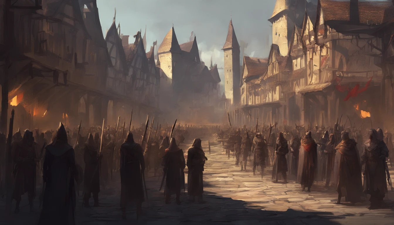 medieval dark fantasy city square with on a sunny day with cold yellow sunlight. There is an public  execution and the air smells of blood and death and people are beheaded. There is wooden platform full of dead bodies. There are many townsfolk and citizens watching.