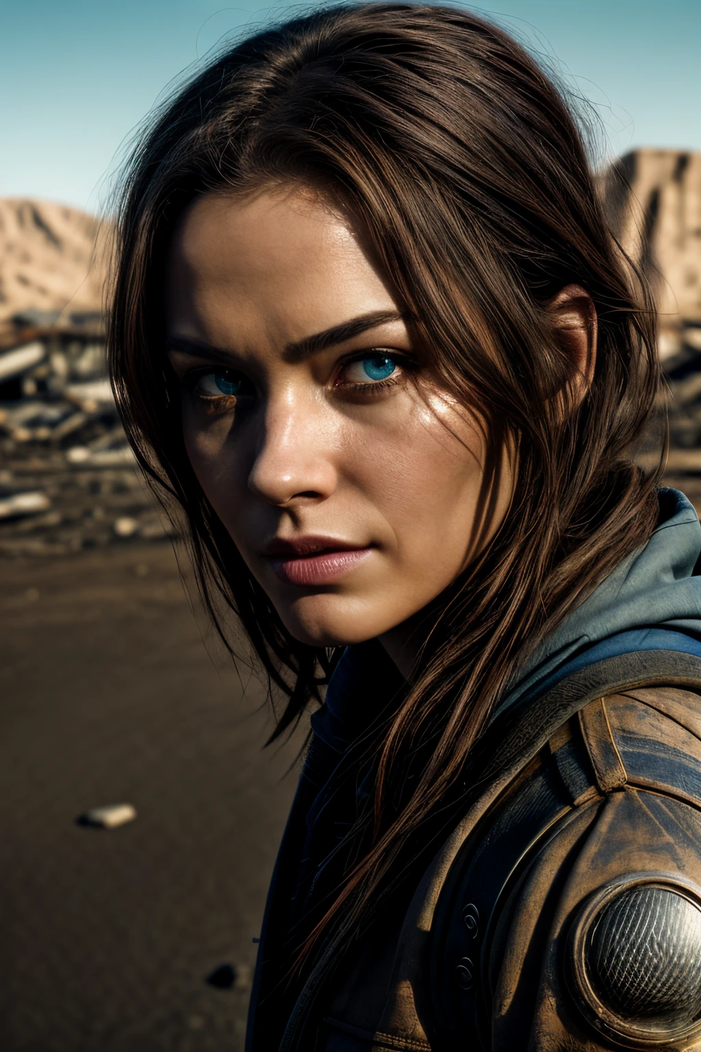 Realistic, masterpiece, best quality, 8k, wallpaper, sharp focus, beautiful woman, in post-apocalyptic wasteland. wearing survivor gear, (solo), (using an assault rifle), (brown hair), dark blue eyes