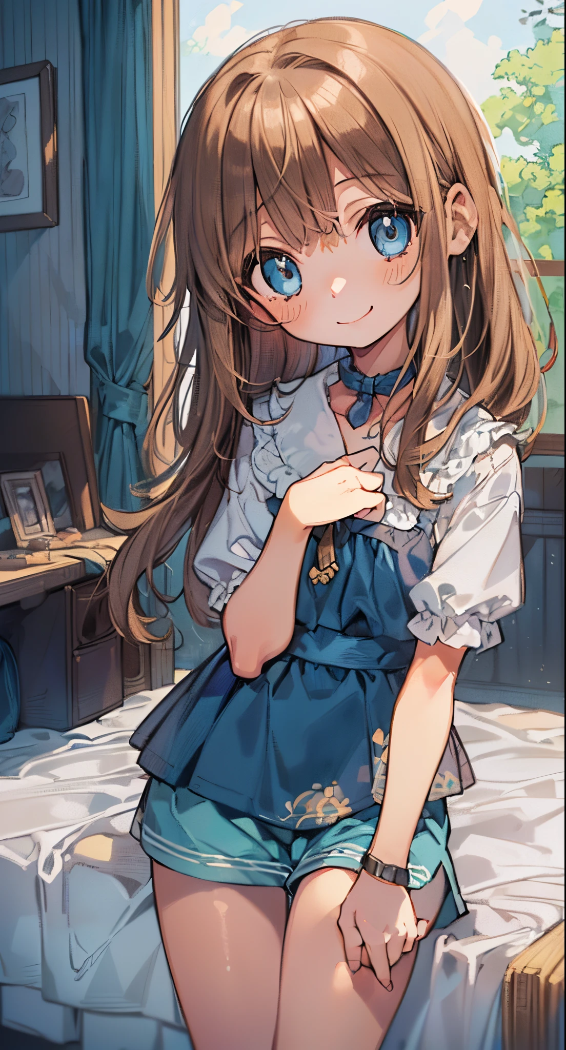 Beautiful illustration, Best Quality,(-yeld gi1.5)、(cute petit girl：1.6)、Lori、flat chest、(girl like bisque doll)、(light blue culottes：1.6)、Gap between thighs and culottes、Clean thighs、Beautiful blue eyes, Cinematic lighting, ((Brown straight hair))、(A bewildering smile:1.2)、Redness of the cheeks