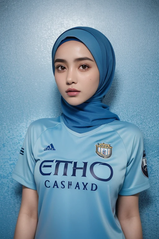 hijab girl wearing Manchester City t-shirt, UHD, masterpiece, anatomically correct, textured skin, super detail, high details, high quality, best quality, HD, 16k