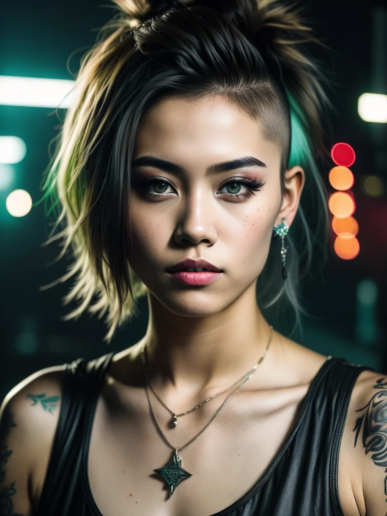 night scene, close-up photo of a very beautiful filipina punk rock girl, 20 yo, posing, looking at a camera with serious longing look, desolate, gloomy, tattoos, ear piercings, metal necklace, industrial, punk rock, cyberpunk, heavy eyeliner, (green eyes: 0.8), handsome young face, soft volumetric lights, (backlit: 1.3), (cinematic: 1.3), intricate details, (ArtStation: 1.2)