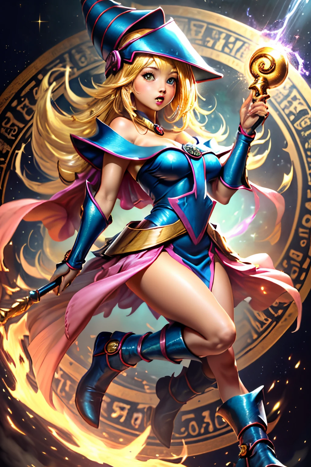 Una chica maga oscura flotando tiernamente, magical aura, fantasy background, Runa brillante, (( una tarjeta Yu-Gi-Oh debajo de ella)), dando una vibra de que fue convocada,epic composition, (Detalles complejos), (complex design, Ultra-detalles :1.2), Art Station, (Obra maestra, La mejor calidad), Ultra HD, 32K ,Renderizado de octanaje, bioluminiscente,8k resolution concept art, realismo,por Mappa studios,Obra maestra,La mejor calidad,Arte Oficial,illustration,clear line,(fresco_Color),perfect composition,absurdos, fantasy,( debajo de ella hay una tarjeta de Yu-Gi-Oh), Diagrama