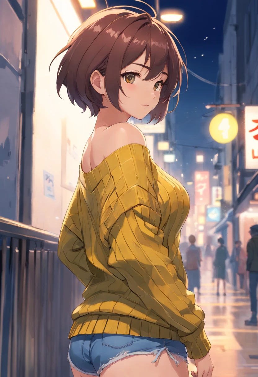 (), big boobs,(masterpiece), best quality, extremely detailed, (watercolor), bloom, delicate and beautiful, illustration, (from below),(1girl:1.4), (solo:1.2), large breasts, (ribbed sweater:1.3), off-shoulder sweater, (short shorts:1.2), bare shoulders, (underboob), ((dark skin:0.8)), beautiful eyes, (disheveled hair ), photography, over-the-shoulder shot, by Alex Maleev, professional, canon camera, nikon camera, sharp, bokeh, studio quality, fisheye lens, by Robert Capa ,