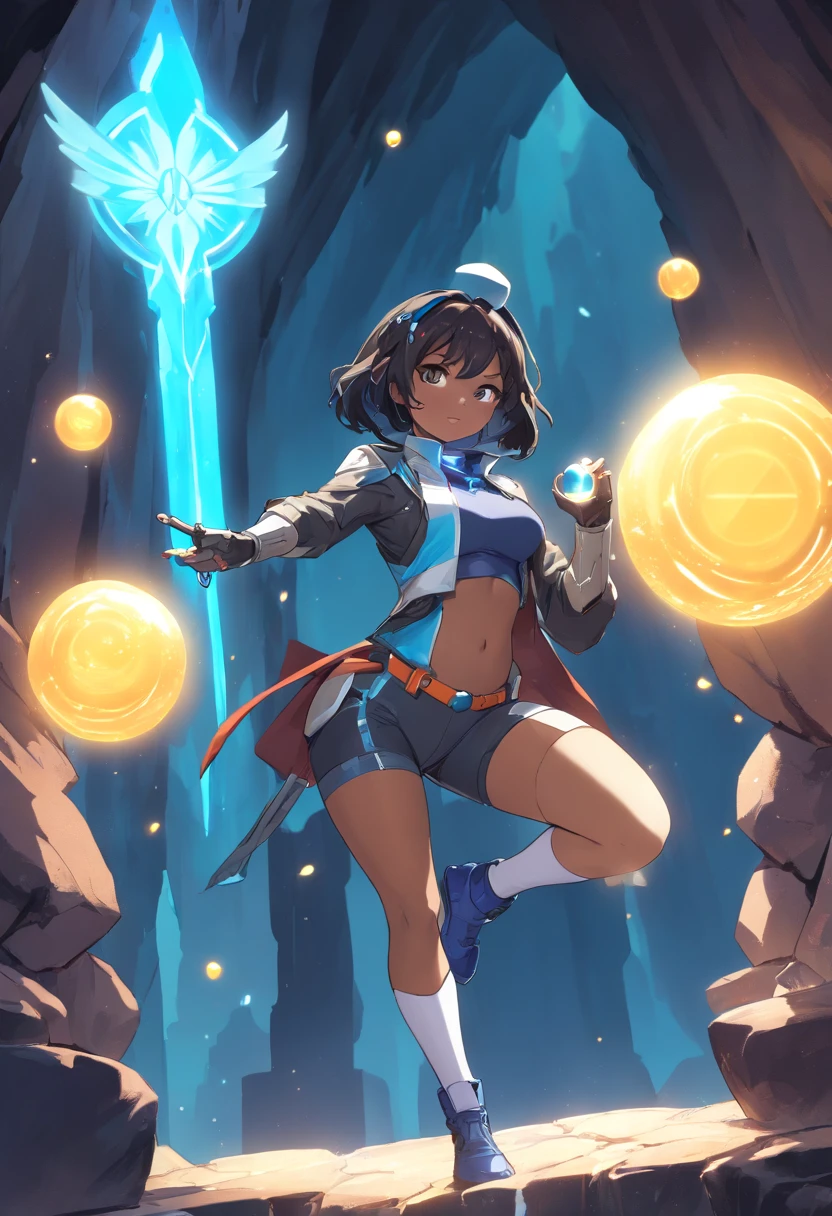 NSFW, blender render, high resolution, manga highres, hyper-stylistic, alluring aura and stare,splash art, manga stylized, 5k wallpaper, (masterpiece:1.2), (ultra-detailed:1.2), (perfect details), (extremely fine and beautiful:1.1), beautiful dark skin face, beautiful eyes, (detailed face, detailed eyes:1.2), detailed lip, shiny darkskin, oil skin, shiny hair, sense of depth, depth of field, (add layer:1.2), dynamic angle, scenery, dramatic lighting, volumetric lighting, golden hour, 1girl, solo, , sensual, strong, genius, attractive, curvaceous, powerful, (multiversal genius and swordswoman surrounded by floating hardlight orbs and avatars poised to attack:1.2),(Darkskin:1.2), (black hair:1.2), curly, bangs, long hair, (black eyes:1.2),Mahogony darkskin, breasts, thighhighs, gloves, statuesque oblong-shaped face,vivacious eyes, flowing wavy dragonbraid, tone, hourglass physique,thick, alluring, large breasts, large butt, heart hips, long, toned legs. (Lab coat, wearing a blue and white striped leotard+ black denim crop jacket+ black denim short shorts with stars on the back pockets+ white stocking with blue trim on top+ black boots+ purple beret),):1.2, (Impish, mischievous smile:1.2), , dangerous (lots of steam:1.5),( rainbow waterfall:1.5),(science ,fantasy),((magic, futuristic fantasy lab cavern:1.5)),((steel examination table, grotto, laboratory, watterfall:1.2)),(hardlight tubes, various experiments decoration),(black and blue interior, orbs:1.3),more_details:-1, more_details:0, more_details:0.5, more_details:1, more_details:1.5,futuristic-fantasy-anime,Connie, dark skinned woman, dark brown hair,